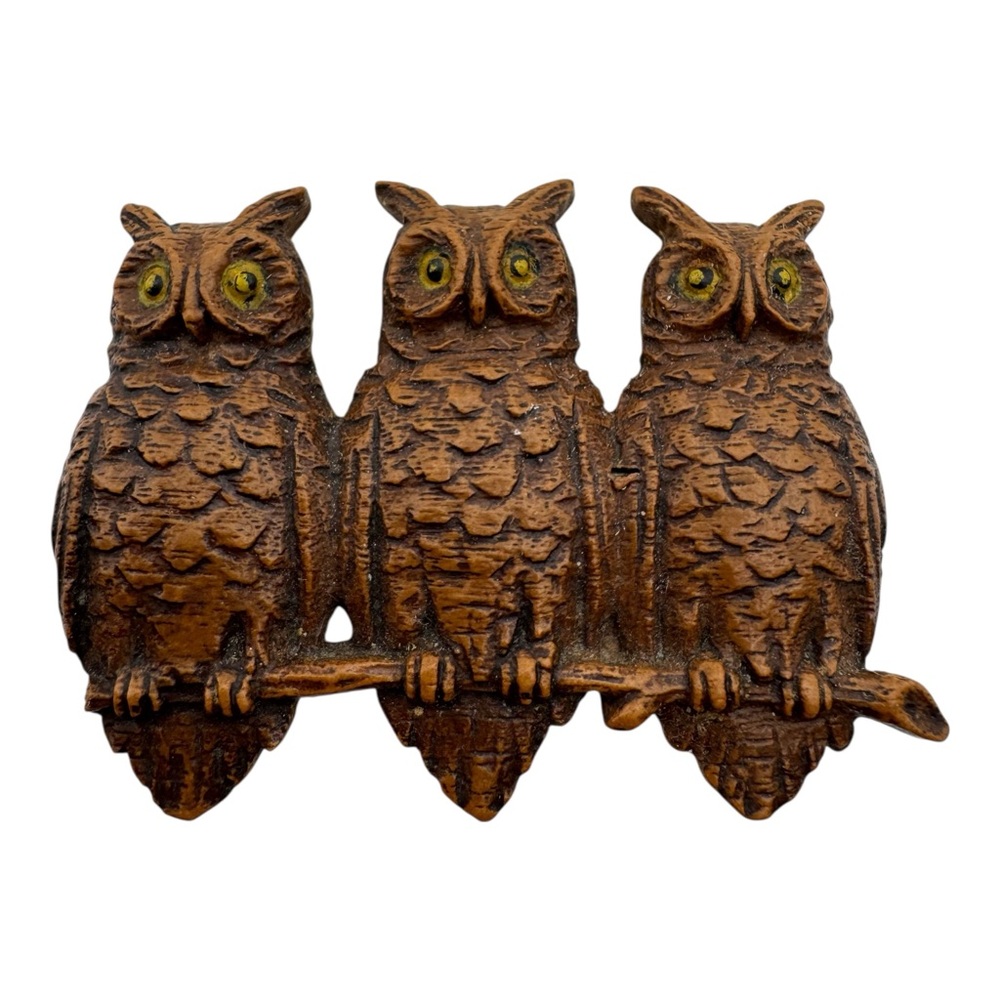 2” Vintage Triple Owl‎ Brooch Pin Brown Textured Finish Genuine Durwood